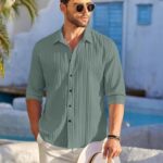men's casual cotton plain button down shirt long sleeve textured summer beach shirt for men