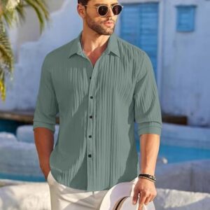 men's casual cotton plain button down shirt long sleeve textured summer beach shirt for men